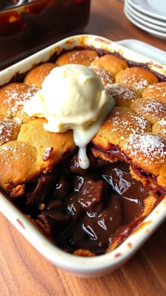 A 9x13 dish of chocolate cobbler with a gooey chocolate layer and cake topping, garnished with powdered sugar and ice cream.